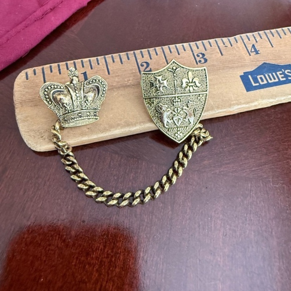 Vintage Gold-Tone Crown and Shield Double Pin with Chain